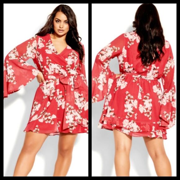 City Chic Sacred Lotus Red Bell Sleeve Dress Size 12 NWT - Picture 1 of 7